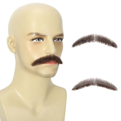Parceria Human Hair Curly Fake Beard and Mustache, Natural Looking Costume Facial Hair, Realistic Mustache Trimmable and Customizable Beard Invisible Lace for Men (QSH Brown Beard) - color: QSH Brown Beard