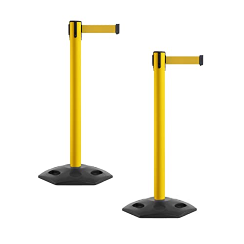 Montour Line MSR650 Set of 2 Retractable Belt Barrier Stanchion, Heavy-Duty Rubber Base, Yellow Steel Post (16 ft Yellow Belt) - color: Yellow, size: Yellow Steel