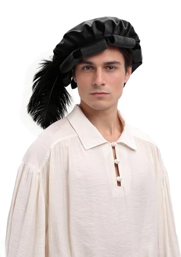 Renaissance Roll Hem Beret for Men Medieval Tudor Slit Hat with Feather Fantasy Costume Accessories - color: Black