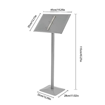 Vertical Flip Menu Display Stand, Floor Standing Sign Holder (Silver) | Sturdy Aluminum Alloy And Iron Frame, 45in Tall, 12.6" X 11" Non Slip Base. Ring Binder Holds Menus. Ideal For Restaurants - color: Silver