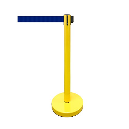 Retractable Stanchion, 6 SPECIALTY Posts + Signframe, 36" Ht, 78" Special Event & Holiday Theme Belt + Bonus Replacement Cassettes + Wall Receiver (Yellow Post/Blue Belt) - color: Yellow Post/Blue Belt