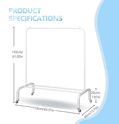 JIUYOTREE Metal Clothing Rack with Wheels, 43.3 Inches Rolling Clothes Garment Coat Rack with Bottom Shelf, Clothing Rack for Hanging Clothes, Coats, Skirts, Shirts, Sweaters, White - color: White, size: 43.3"W x 15.75"D x 61"H with wheels