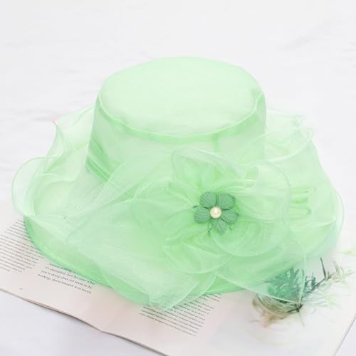 Women Derby Fascinator Hat Organza Church Wedding Hats Wide Brim Cocktail Tea Party Hat - color: 07 Mint Green