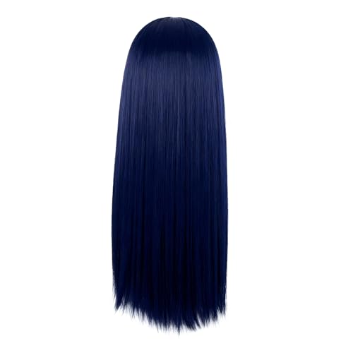 MapofBeauty 24 Inch Long Straight Flat Bangs Party Cosplay Wig, Dark Blue | 60 cm Synthetic Hair Wig, Heat Resistant, Women - color: Midnight Blue
