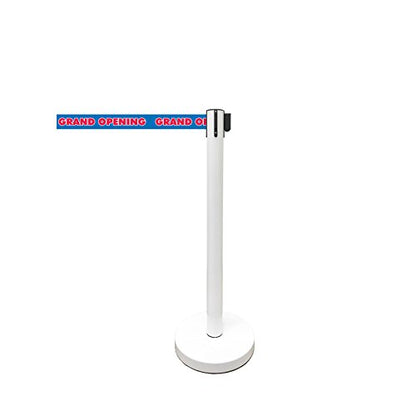 Retractable Stanchion, 6 SPECIALTY Posts + Signframe, 36" Ht, 78" Special Event & Holiday Theme Belt + Bonus Replacement Cassettes + Wall Receiver (WHT Post/Grand Opening Belt) - color: Wht Post/ Grand Opening Belt