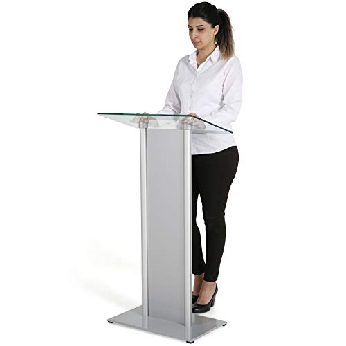 M&T Displays Tempered Clear Glass Conference Podium Stand with Aluminum Front Panel Silver Aluminum Body and Base 43.9 Inch Height Floor Standing Lectern Pulpit Desk for Classroom Church - color: Silver