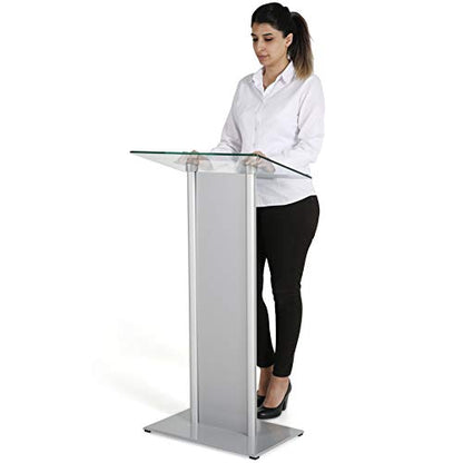 M&T Displays Tempered Clear Glass Conference Podium Stand with Aluminum Front Panel Silver Aluminum Body and Base 43.9 Inch Height Floor Standing Lectern Pulpit Desk for Classroom Church - color: Silver