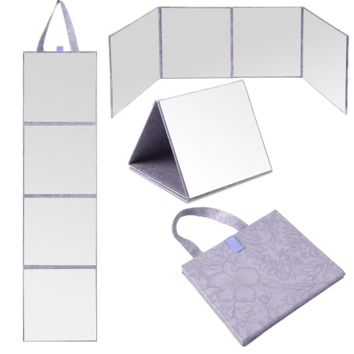 3 Way Foldable Full Length Mirror with Handle 31.89 x 11.22 Inches Leather Portable Camping Travel Hanging Folding Body Mirror for Makeup Dance Fitness Spa Hair Styling(Morandi Purple,Retro)
