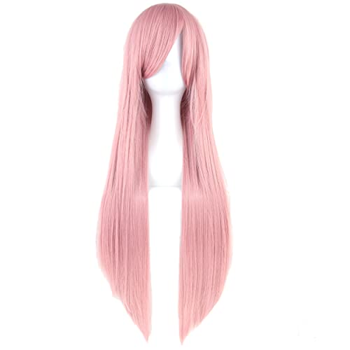 80cm Long Straight Natural Hair Cosplay Wigs with Bangs Colorful Halloween Costume Party Wig for Women (Pink) - color: Pink