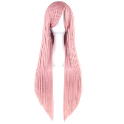 80cm Long Straight Natural Hair Cosplay Wigs with Bangs Colorful Halloween Costume Party Wig for Women (Pink) - color: Pink