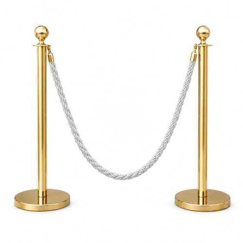 Gold Crown Top Decorative Rope Safety Queue Stanchion Barrier in 3 pcs Set, VIP Crowd Control (72" Pearl White Braided) - color: 72" Pearl White Braided