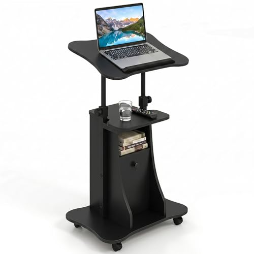 Tangkula Rolling Lectern Podium Stand, Height Adjustable Laptop Table with Tilting Tabletop & Storage Shelves, Compact Standing Desk with Lockable Casters for Home Office School (Black) - color: Black, size: 21.5" x 16" x 37.5"