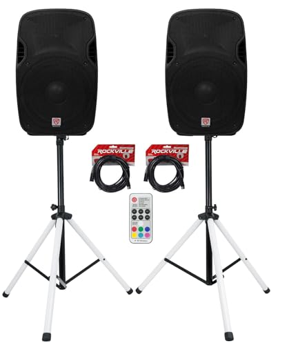 Rockville SPGN158 15" Passive DJ PA Speaker Pair with LED Tripod Stands | 1600W Peak / 400W RMS, 8 Ohm, Speakon, PARTY STAND LED Stands, RGB Remote, Sound Activated, 2 RCTS1425 Cables, 6-Items