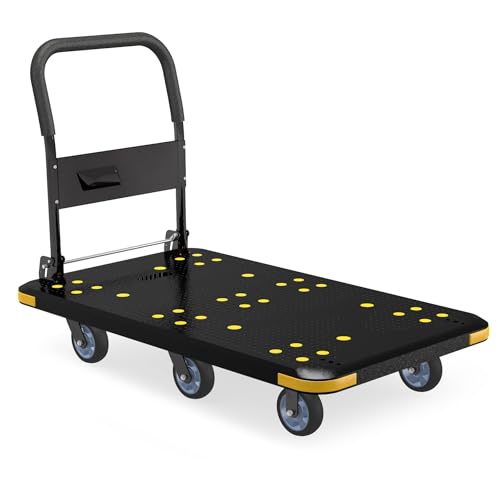 Heavy-Duty Foldable Platform Cart with 6 Wheels & 2000LB Capacity - 360° Swivel & Fixed Casters, Collapsible Push Cart Dolly Black Plastic Trolley, 5" Wheels, Spare Tire & Anti-Collision Corners - color: 2000lbs