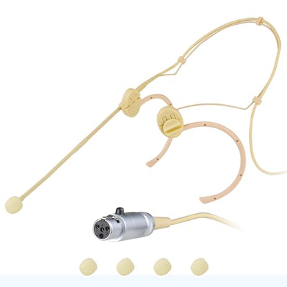 MRSDY Professional Headset Microphone, Compatible with Shure Wireless System, Omnidirectional Condenser Double Over Ear Headworn Mic, 4-Pin Mini XLR, Cable Length 42 Inch (Beige) | Noise Reduction, Clear Sound, Omnidirectional Condenser Double Over Ear He