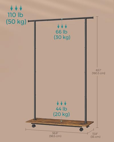 SONGMICS Clothes Rack with Wheels, Metal Garment Rack with Shelf | Clothing Rack for Hanging Clothes, 38.8 Inches, Loads up to 110 lb, Rustic Brown and Black, COLTEN Collection UHSR151B01 - color: Black, style: Single Rod