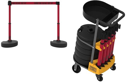 PL4013T Plus 75 ft Belt Barrier w/Cart Package & Tray | Mobile System, 5 Telescoping Stanchions, 15 ft Red "Danger High Voltage Keep Out" Retractable Banners, Accessory Tray - style: Red: Danger High Voltage Keep Out
