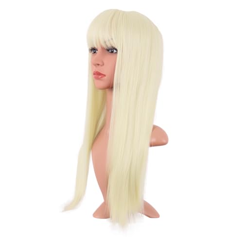 MapofBeauty 24 Inch Long Straight Flat Bangs Party Cosplay Wig,Light Blonde | 60 cm Synthetic Hair Wig, Heat Resistant, Women - color: Light Blonde