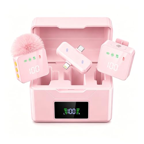 2 Mini Wireless Lavalier Microphones for iPhone & Android, Noise Cancelling, Plug & Play, 60H Battery with Charging Case, Portable Lapel Mic for Content Creators, Podcast, Streaming (Pink) - color: Pink