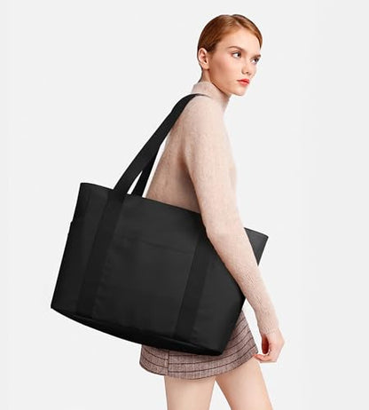 WLLWOO Large Tote Bag, 14” Laptop Work Travel Bag with Trolley Sleeve | Multi Pocket Water Splash Zipper Shoulder Handbag for Women Daily Nurse Gym Commute - color: Black