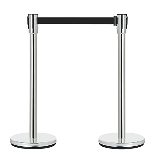DuraSteel Crowd Control Barriers Line Dividers - Silver Stanchion Stainless Steel Posts with 6.5ft Black Retractable Belt Ropes - for Store Queues, Airport Lines, Event Entries - 2 Set/Pack - color: Black Belt, style: Silver Stanchion 2 Pieces Set