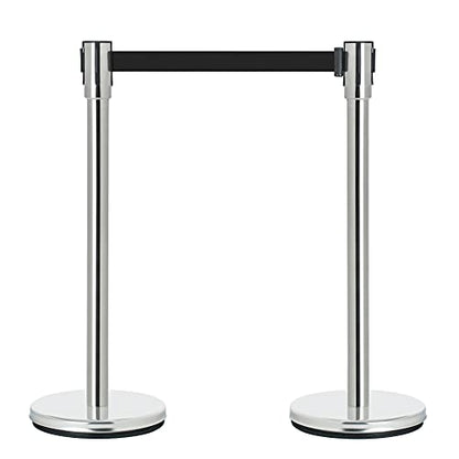 DuraSteel Crowd Control Barriers Line Dividers - Silver Stanchion Stainless Steel Posts with 6.5ft Black Retractable Belt Ropes - for Store Queues, Airport Lines, Event Entries - 2 Set/Pack - color: Black Belt, style: Silver Stanchion 2 Pieces Set