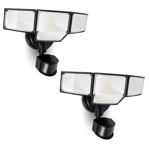 LUTEC 80W 9000LM LED Security Lights Motion Sensor Outdoor Lights, 4 Head LED Flood Lights Outdoor 5000K Daylight, IP65 Waterproof, Motion Detected Lights for Outside, Garage, Yard (Black) - 2 Pack - color: Black, size: 2 Pack