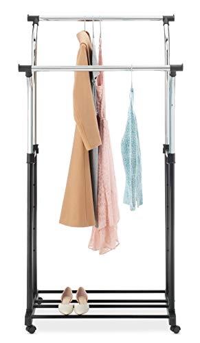 Whitmor Double Rods Clothes Rack, Rolling Clothing Rack for Hanging Clothes, Portable Wardrobe Rack, Adjustable Garment Rack with Wheels, Black & Silver - color: 35 x 22 x 68 inch - Black & Silver