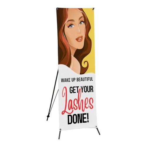 DreamController Lashes & Brows X-Stand Banner by DC | 30"x65" Tripod Display | Wake Up Beautiful Get Your Lashes Done Vertical Banner for Trade Shows & Events | Made in USA | (Stand Not Included) - color: Wake Up Beautiful Get Your Lashes Done, size: X Ba
