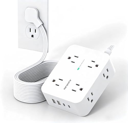 25 Ft Extra Long Extension Cord, 1080J Surge Protector Power Strip HANYCONY | Ultra-Thin Flat Plug, 8 Widely Spaced Outlets & 4 USB Ports (2 USB C), for Home, Office, Workshop, Wall Mount Design - size: 25Ft, style: Flat Extension Cord