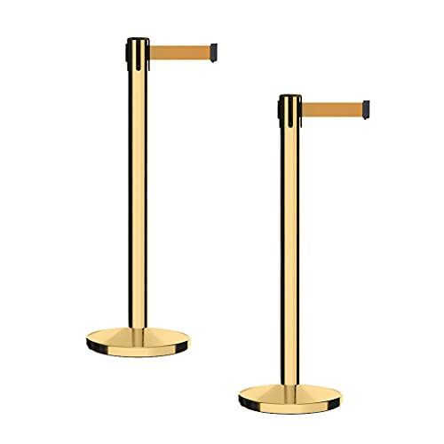 CCW Retractable Belt Barrier Stanchions, 2-Pk, 7.5-ft Brown, Polished Brass - color: Brown, size: 7.5 Foot