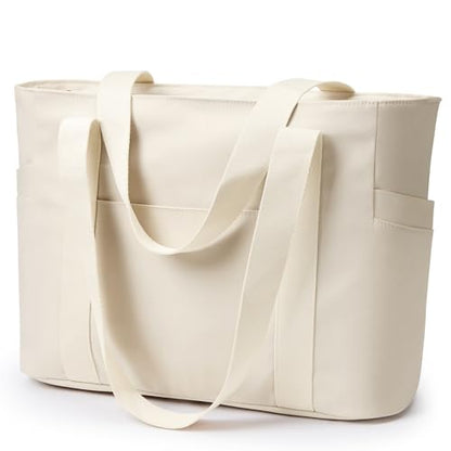 WLLWOO Large Tote Bag, 14” Laptop Work Travel Bag with Trolley Sleeve | Multi Pocket Water Splash Zipper Shoulder Handbag for Women Daily Nurse Gym Commute - color: Beige