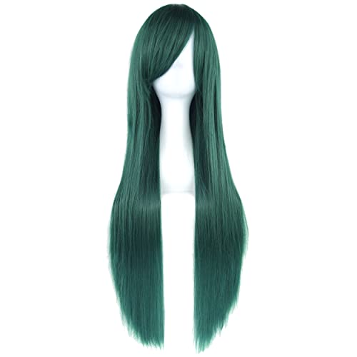 80cm Long Straight Natural Hair Cosplay Wigs with Bangs Colorful Halloween Costume Party Wig for Women (Dark Green) - color: Dark Green