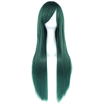 80cm Long Straight Natural Hair Cosplay Wigs with Bangs Colorful Halloween Costume Party Wig for Women (Dark Green) - color: Dark Green