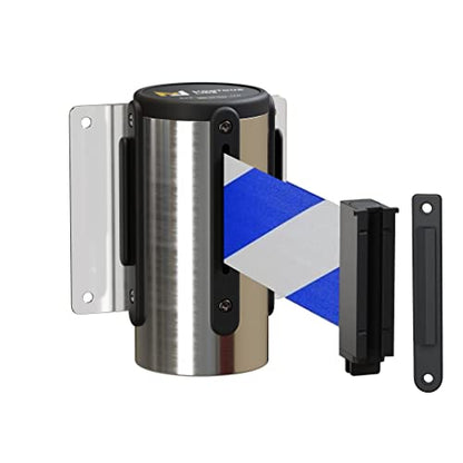 Montour Line WM115 Wall Mounted Retractable Belt Barrier with Standard Belt End, Fixed Mount, Polished Stainless Steel Casing (8.5 ft Blue and White Diagonal Belt) - color: Blue and White Diagonal, size: 8.5 ft