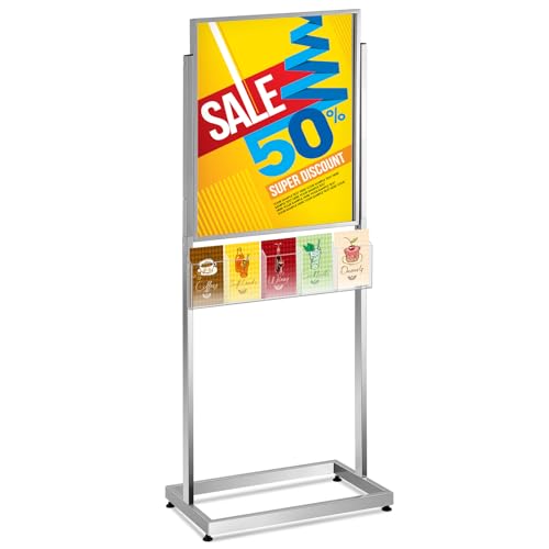 Zonon 22" x 28" Metal Poster Sign Holder Floor Stand with 5 Pocket Acrylic Brochure Holder 4x9 Floor Standing Double Side Slide in Heavy Duty 63" H Non Slip for Display Outdoor Indoor Store (Silver) - color: Silver, size: 22" x 28"