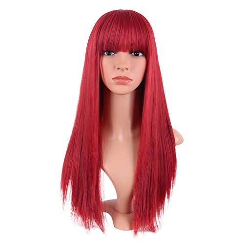 MapofBeauty 24 Inch Long Straight Flat Bangs Party Cosplay Wig, Red | 60 cm Synthetic Hair Wig, Heat Resistant, Women - color: Red