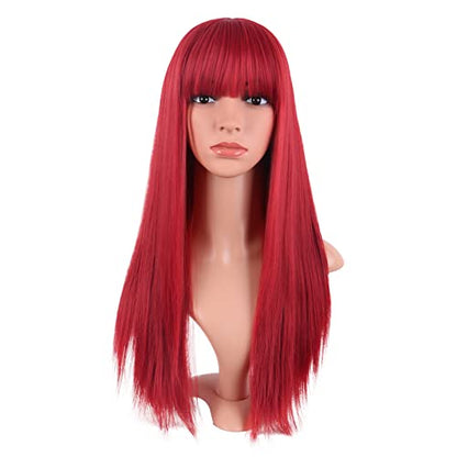 MapofBeauty 24 Inch Long Straight Flat Bangs Party Cosplay Wig, Red | 60 cm Synthetic Hair Wig, Heat Resistant, Women - color: Red
