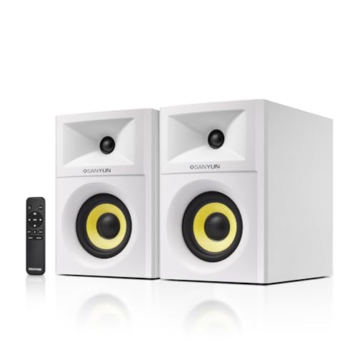 Sanyun SW205 2.0 Bookshelf Speakers, Room-Filling Expanded Stage, Dual-DSP | Built-in 24bit DAC, Bluetooth 5.4/Optical/AUX, 80W 4" Glass Fiber Woofer & Silk Dome Tweeter, Wireless RF Remote (Pair,White) - color: White