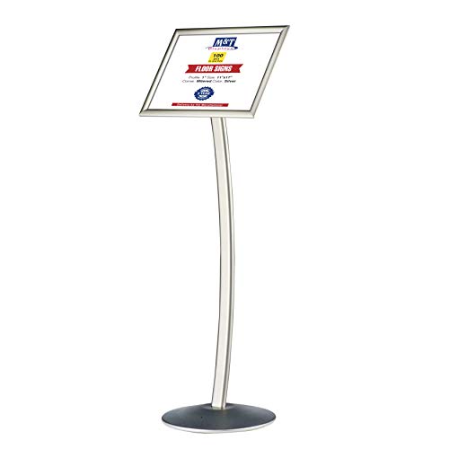 M&T Displays Curved Menu Board, 11x17 inches Silver Pedestal Sign Holder Floor Standing Aluminum Front Loading Easy Open Poster Message Advertisement Holder for Restaurant Cafe Hotel (100-Pack)