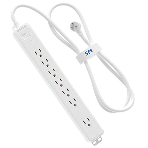 NTONPOWER 7 Outlets Surge Protector Power Strip, Flat Plug, 15 A Circuit Breaker, 5ft Heavy Duty Cord Wall Mount Right Angle Plug for Home Theater Office, White, 1080 Joules - size: 5 ft