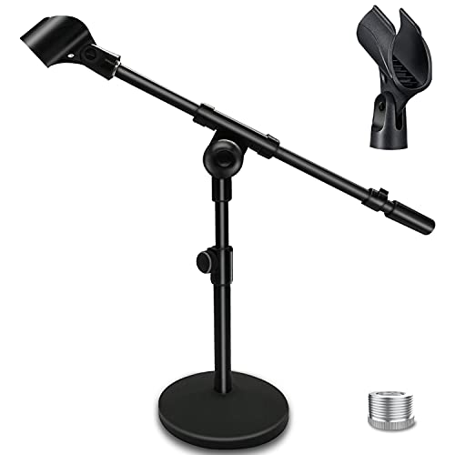 Adjustable Desktop Mic Stand, Desk Stand Tabletop Table Top Microphone Stand with Mic Clip for Handheld Microphone, Boom Arm, 5/8" Male to 3/8" Female Screw Adapter