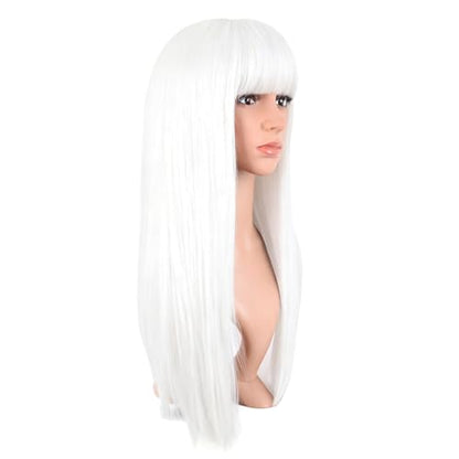 MapofBeauty 24 Inch Long Straight Flat Bangs Party Cosplay Wig, White | 60 cm Synthetic Hair Wig, Heat Resistant, Women - color: White