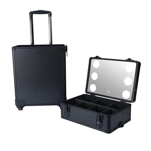 4 in 1 Rolling Makeup Train Case with Light & Mirror, Interchangeable Cosmetic Box, Cosmetology Caboodle Case on 360° Wheels, Beauty Storage Luggage(Black) - color: Deep Black