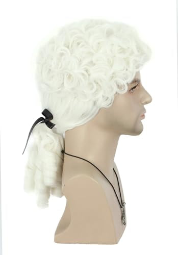 VGbeaty Adult Judge Colonial Wig Long Curly White Wig with Ponytail | VGbeaty Adult Judge Colonial Wig Long Curly White Wig with Ponytail - color: Curly-White