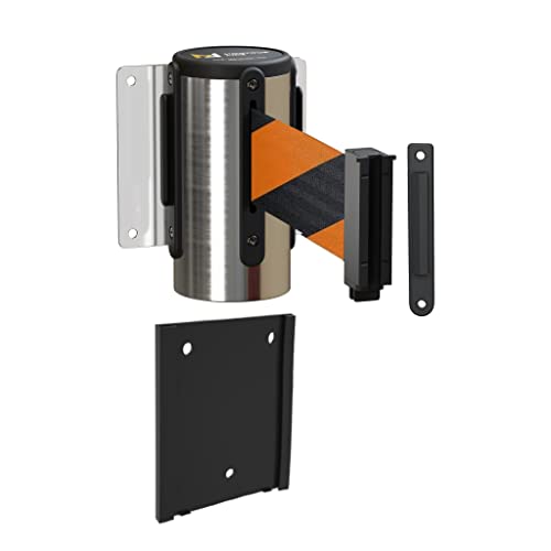 Montour Line WM115 Wall Mounted Retractable Belt Barrier with Standard Belt End, Removable Mount, Polished Stainless Steel Casing (8.5 ft Black and Orange Diagonal Belt) - color: Black and Orange Diagonal, size: 8.5 ft