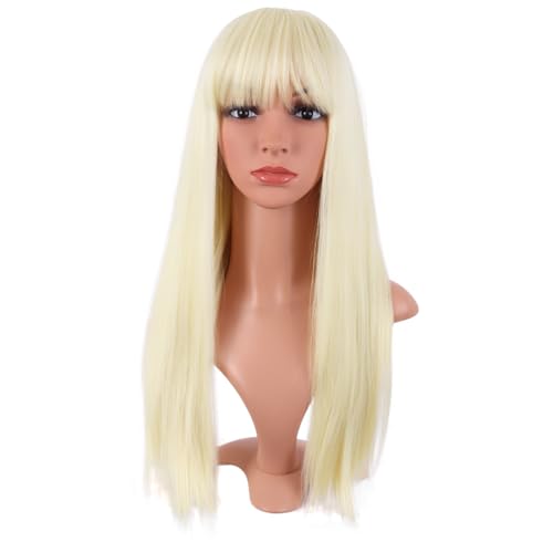 MapofBeauty 24 Inch Long Straight Flat Bangs Party Cosplay Wig,Light Blonde | 60 cm Synthetic Hair Wig, Heat Resistant, Women - color: Light Blonde