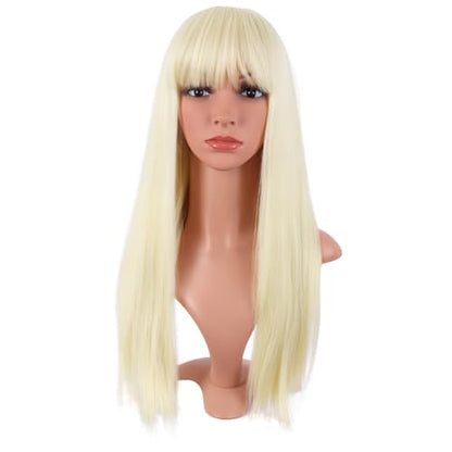 MapofBeauty 24 Inch Long Straight Flat Bangs Party Cosplay Wig,Light Blonde | 60 cm Synthetic Hair Wig, Heat Resistant, Women - color: Light Blonde