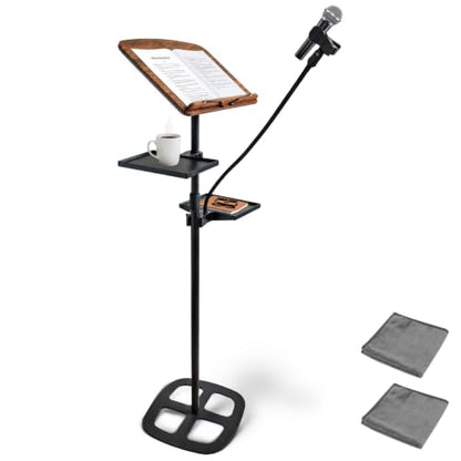 Podium Stand, 19.7-67 Inch Height Adjustable Lectern Podium with 16.6 x 12.6 Inch Tilting Desktop, 2 Storage Trays and Microphone Holder, Portable Floor Stand for Church, Classroom, Speech, Black