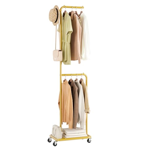 Small Rolling Clothing Rack with Shelf,Narrow Gold Clothes Rack with Wheels | Gasvadivum 71" Tall Sturdy Metal Garment Rack with Hanging Rod, Freestanding Portable Coat Rack for Bedroom, Entryway - color: Gold
